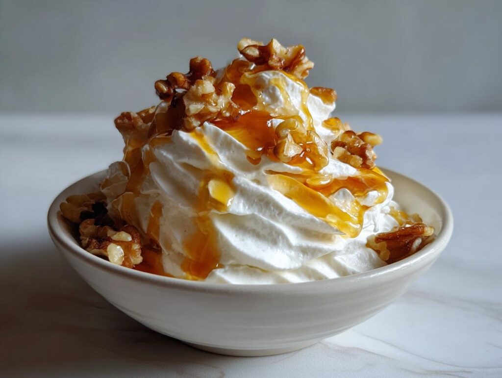 A bowl of fluffy, sweet whipped ricotta dip topped generously with honey drizzle and candied walnuts.
