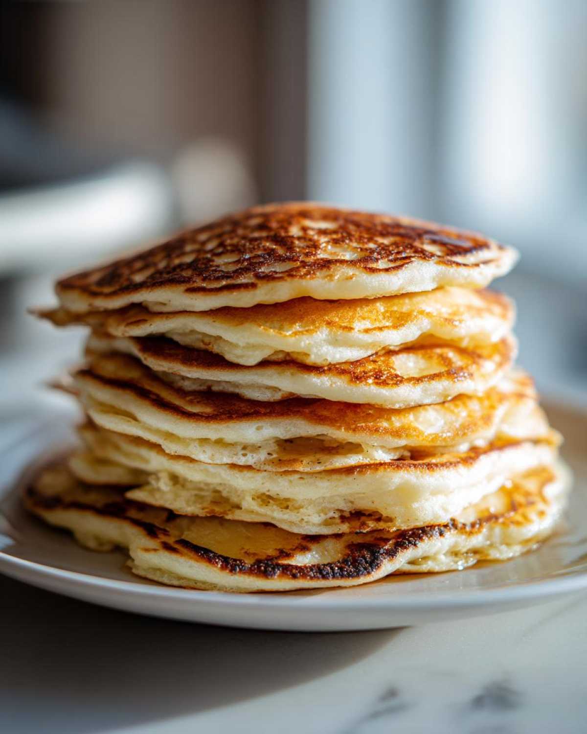 A tall stack of fluffy pancakes showing golden brown, slightly crispy edges, ready for breakfast.