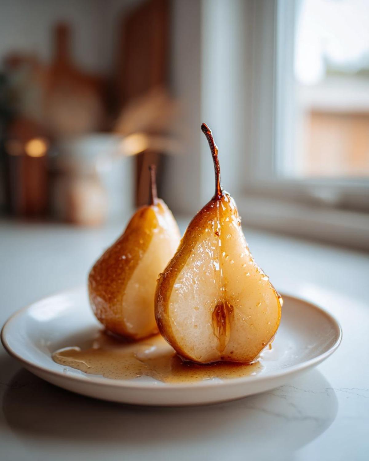 Two halves of glistening baked pears served on a white plate, covered in sweet syrup.