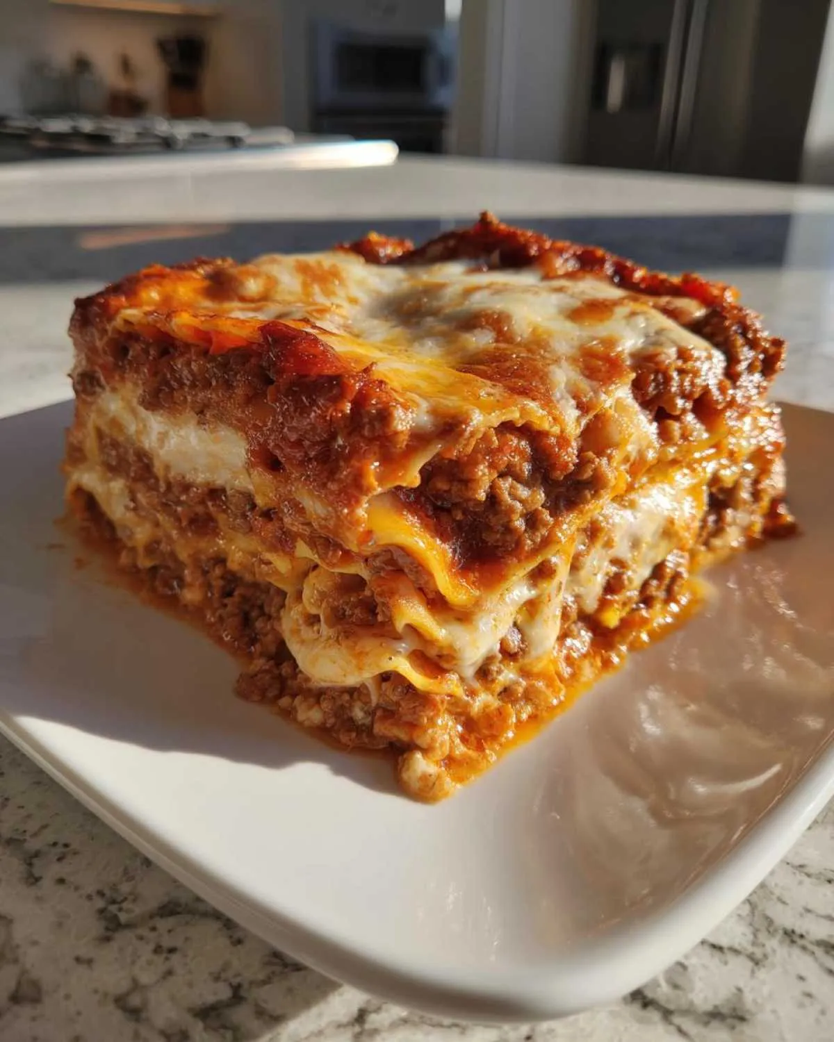 A thick, square slice of ultimate comfort lasagna with rich meat sauce and melted cheese layers.