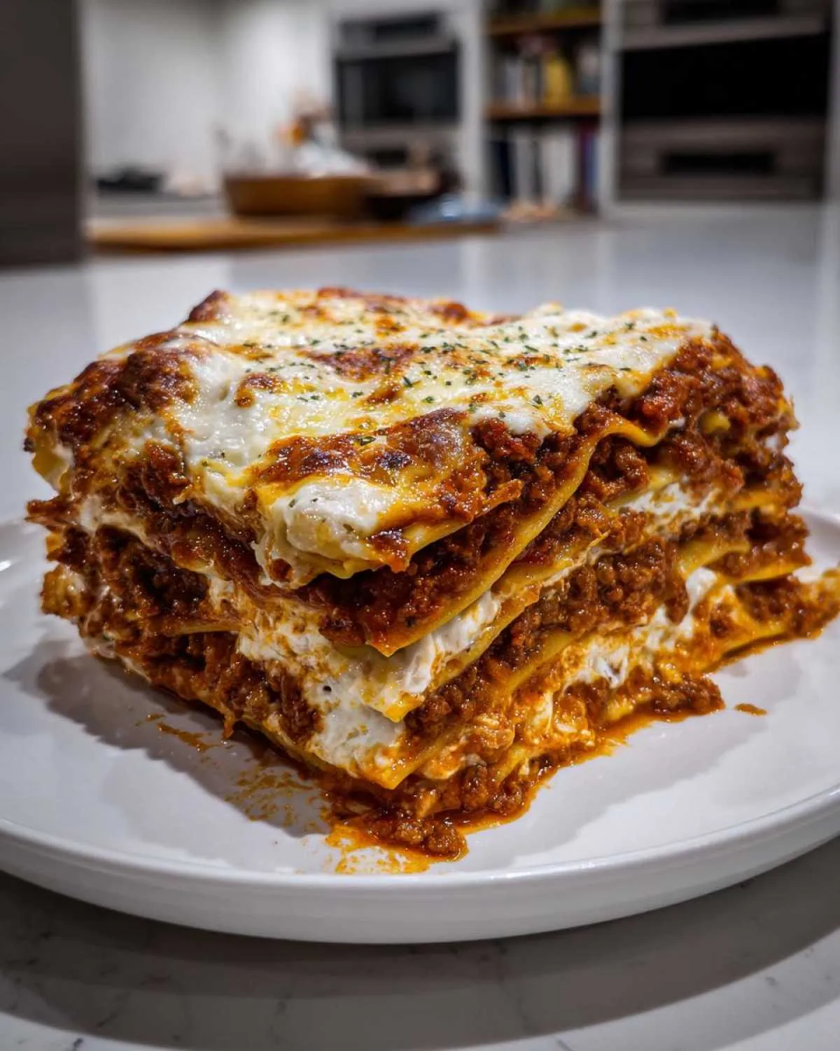 A thick, multi-layered slice of ultimate comfort lasagna featuring rich meat sauce and creamy ricotta, topped with melted cheese.