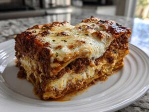 A thick, perfectly layered slice of ultimate comfort lasagna featuring rich meat sauce and melted mozzarella cheese.