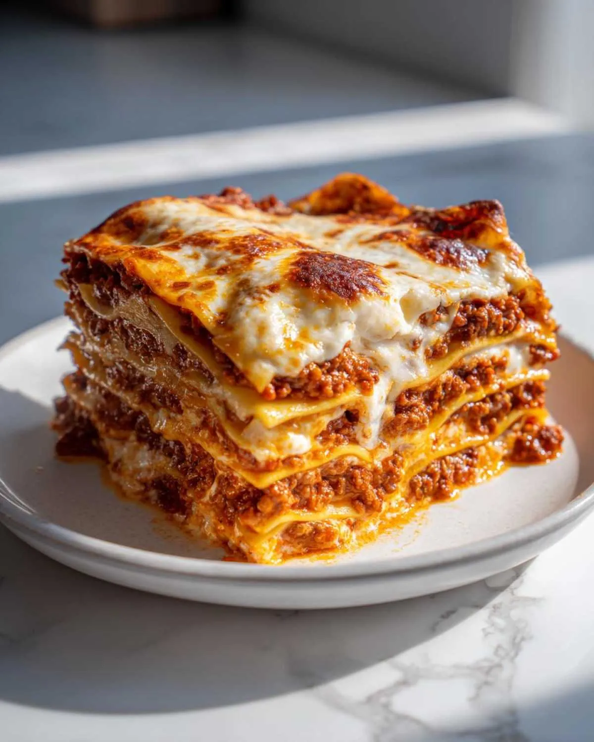 A tall, perfectly layered slice of ultimate comfort lasagna with rich meat sauce and melted, browned cheese topping.
