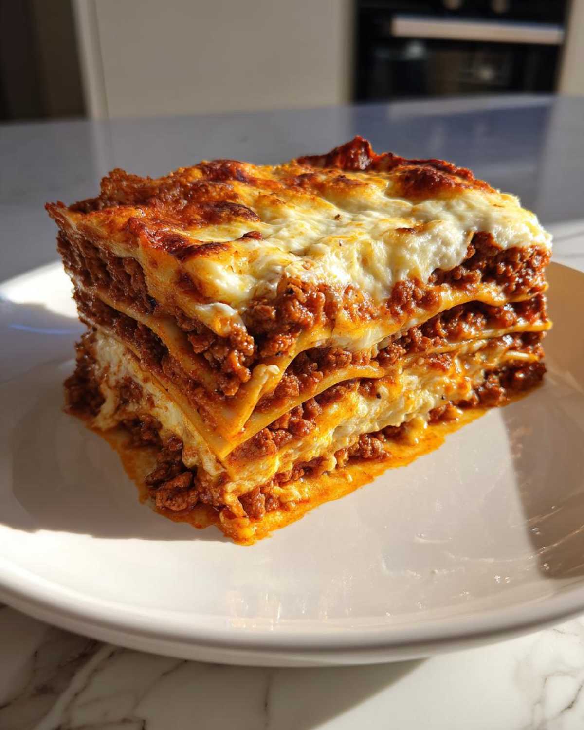 A tall, perfectly layered slice of ultimate comfort lasagna with rich meat sauce and melted cheese topping.