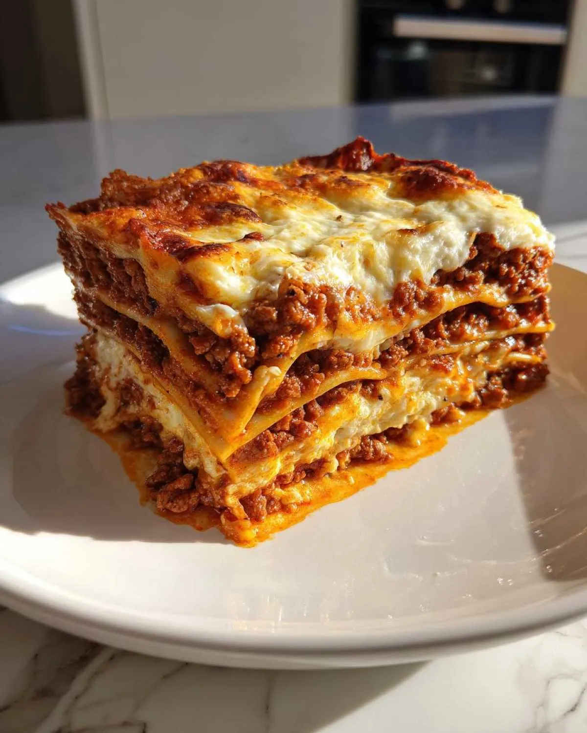 A tall, perfectly layered slice of ultimate comfort lasagna with rich meat sauce and melted cheese topping.