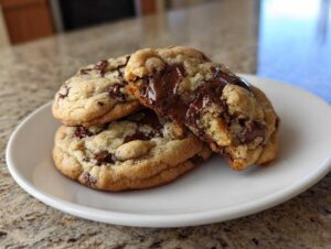A stack of three gooey vegan chocolate chip cookies, one broken open showing melted chocolate.