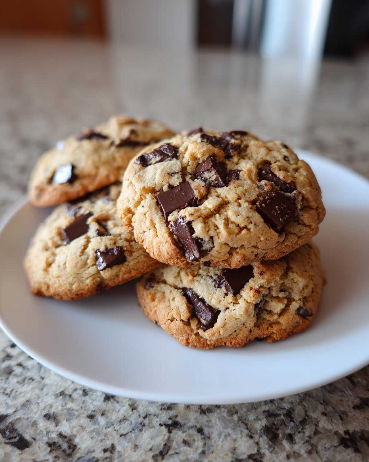 A close-up of four thick, chewy vegan chocolate chip cookies stacked slightly on a white plate.