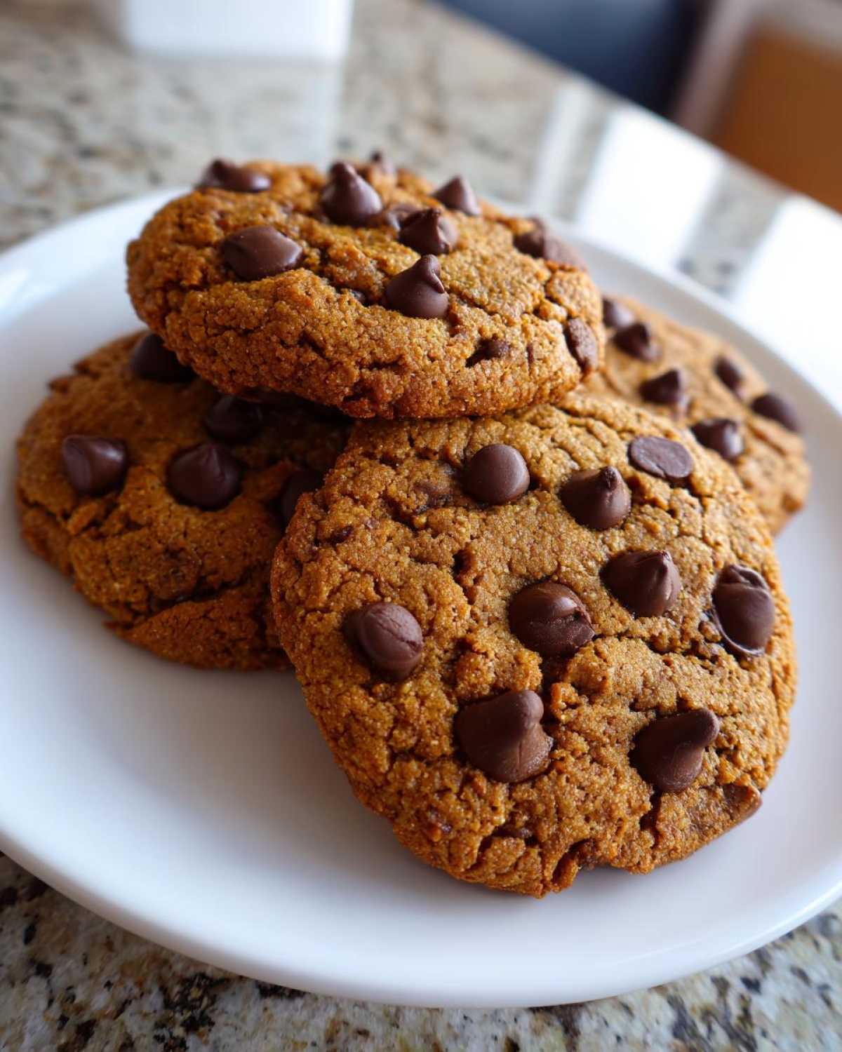 Close-up of a stack of four golden brown vegan chocolate chip cookies loaded with chocolate chips on a white plate.
