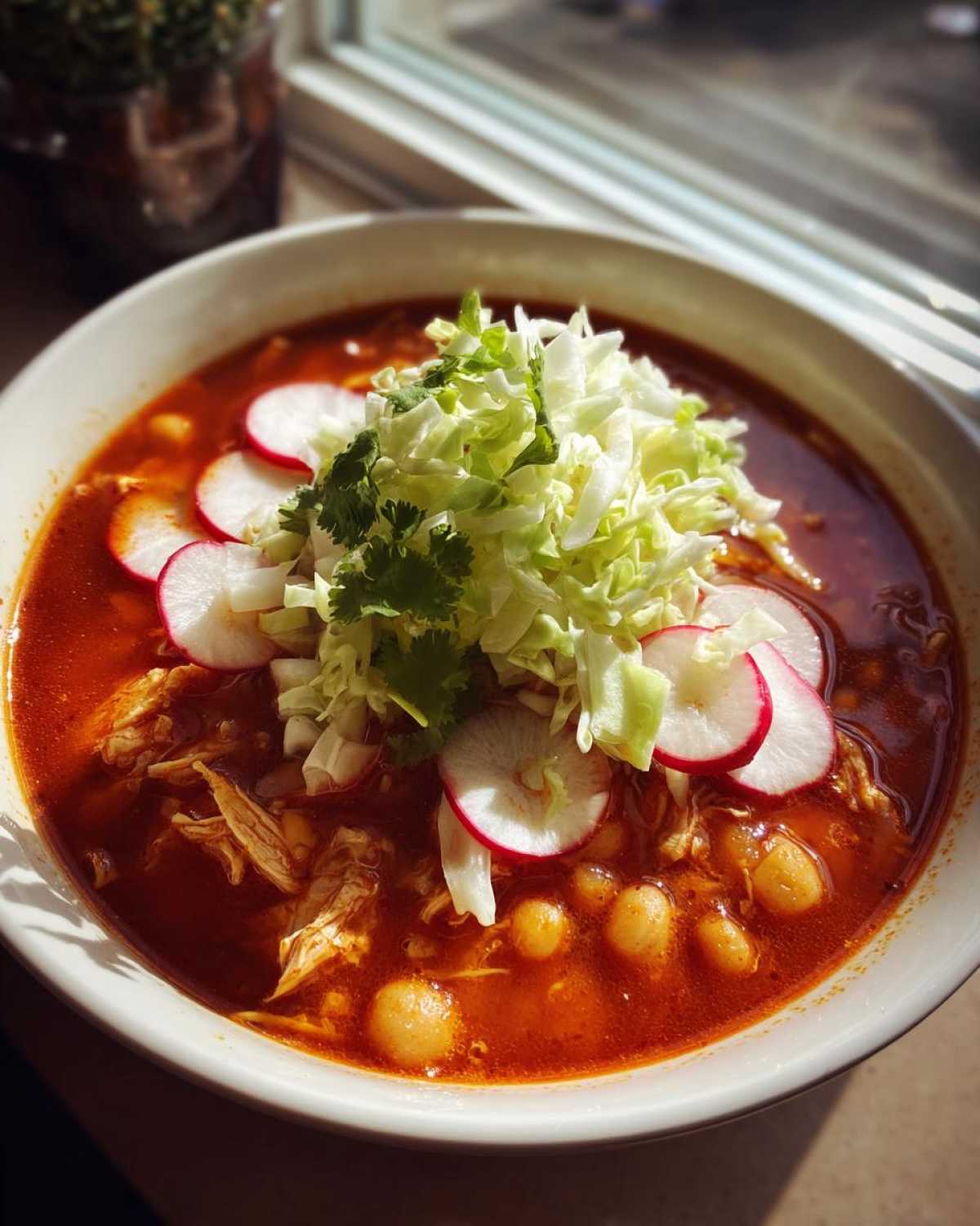 A close-up of a bowl of rich red chicken pozole garnished with shredded cabbage, radishes, and cilantro.