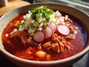 A close-up, sunlit bowl of rich red chicken pozole topped generously with diced white onion, radishes, and cilantro.