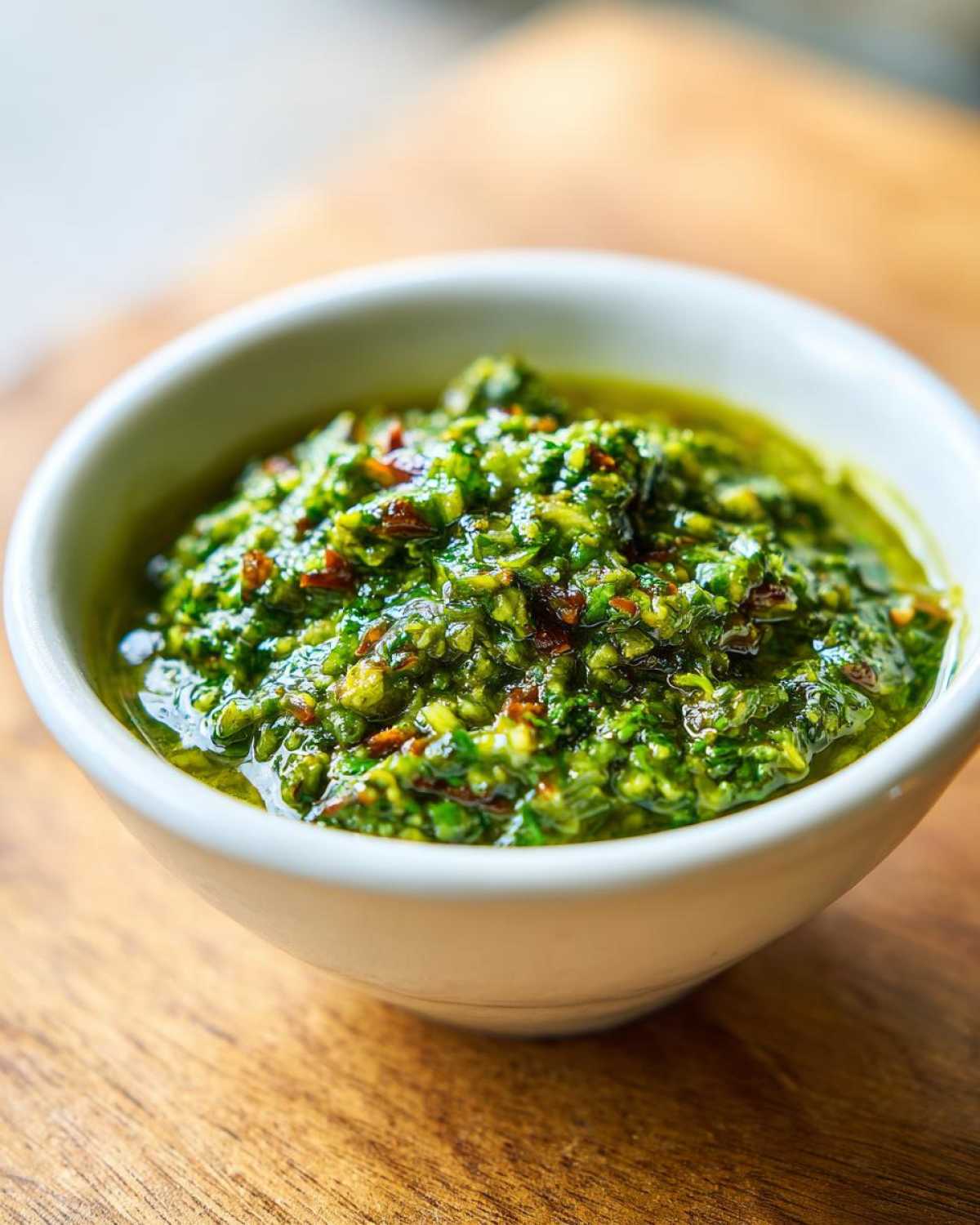 Close-up of vibrant, chunky green tomato salsa swimming in oil inside a small white bowl.