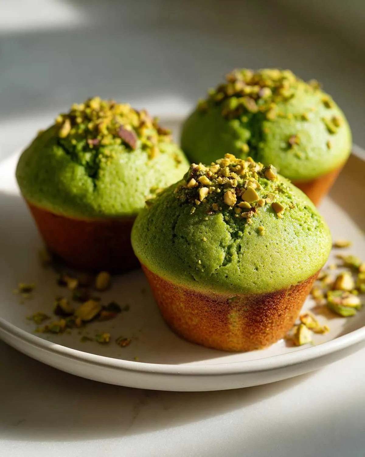 Three vibrant green pistachio muffins topped with chopped nuts served on a white plate.