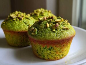 Three bright green pistachio muffins topped with chopped pistachios resting on a white plate.