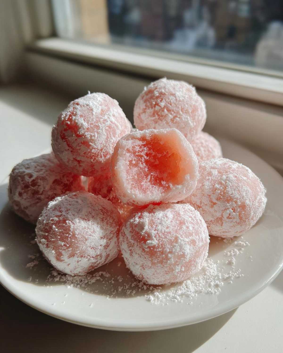 A pile of pink, round watermelon mochi dusted generously with white powdered sugar on a white plate.