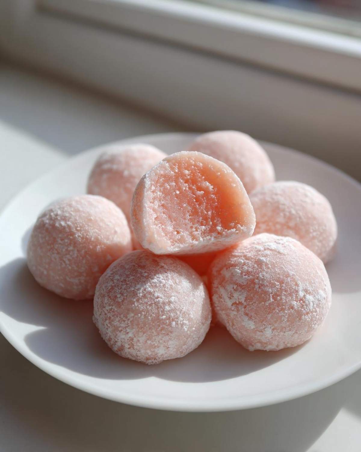 A pile of soft, pink watermelon mochi dusted with powdered sugar, with one piece cut open to show the filling.