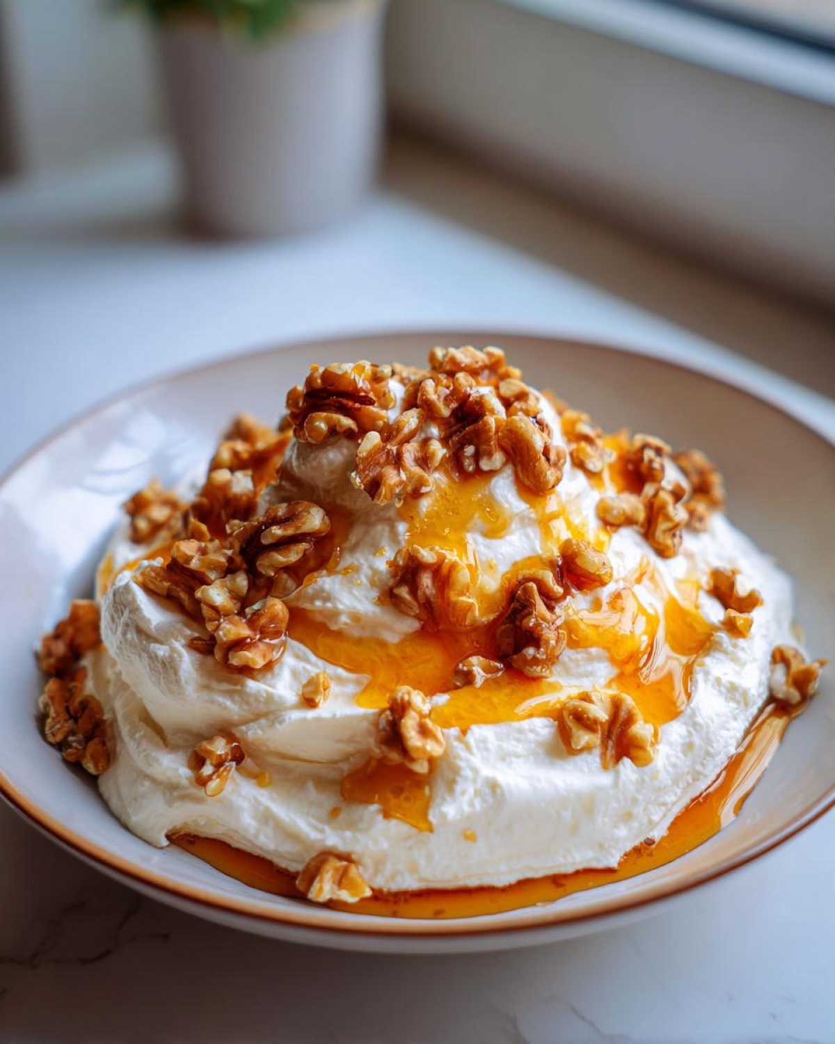 A bowl of creamy whipped ricotta dip generously topped with chopped walnuts and drizzled with golden honey.