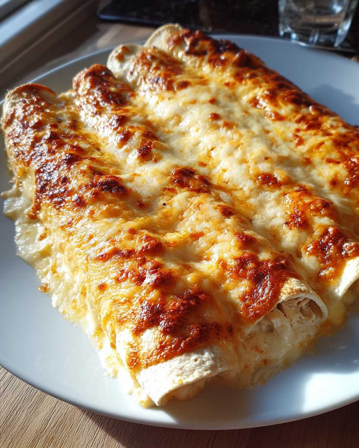 Close-up of three delicious white chicken enchiladas covered in bubbling, golden-brown melted cheese.