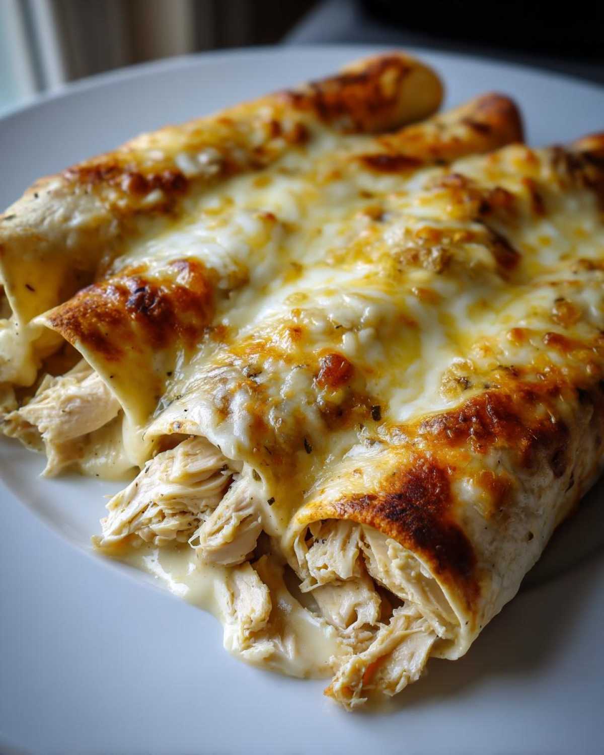 Close-up of three baked white chicken enchiladas overflowing with shredded chicken and topped with bubbly, browned melted cheese.