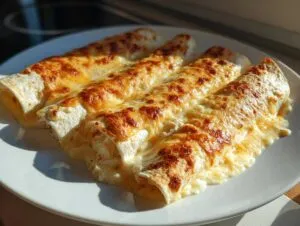 Four freshly baked white chicken enchiladas covered in bubbling, golden-brown cheese sauce on a white plate.