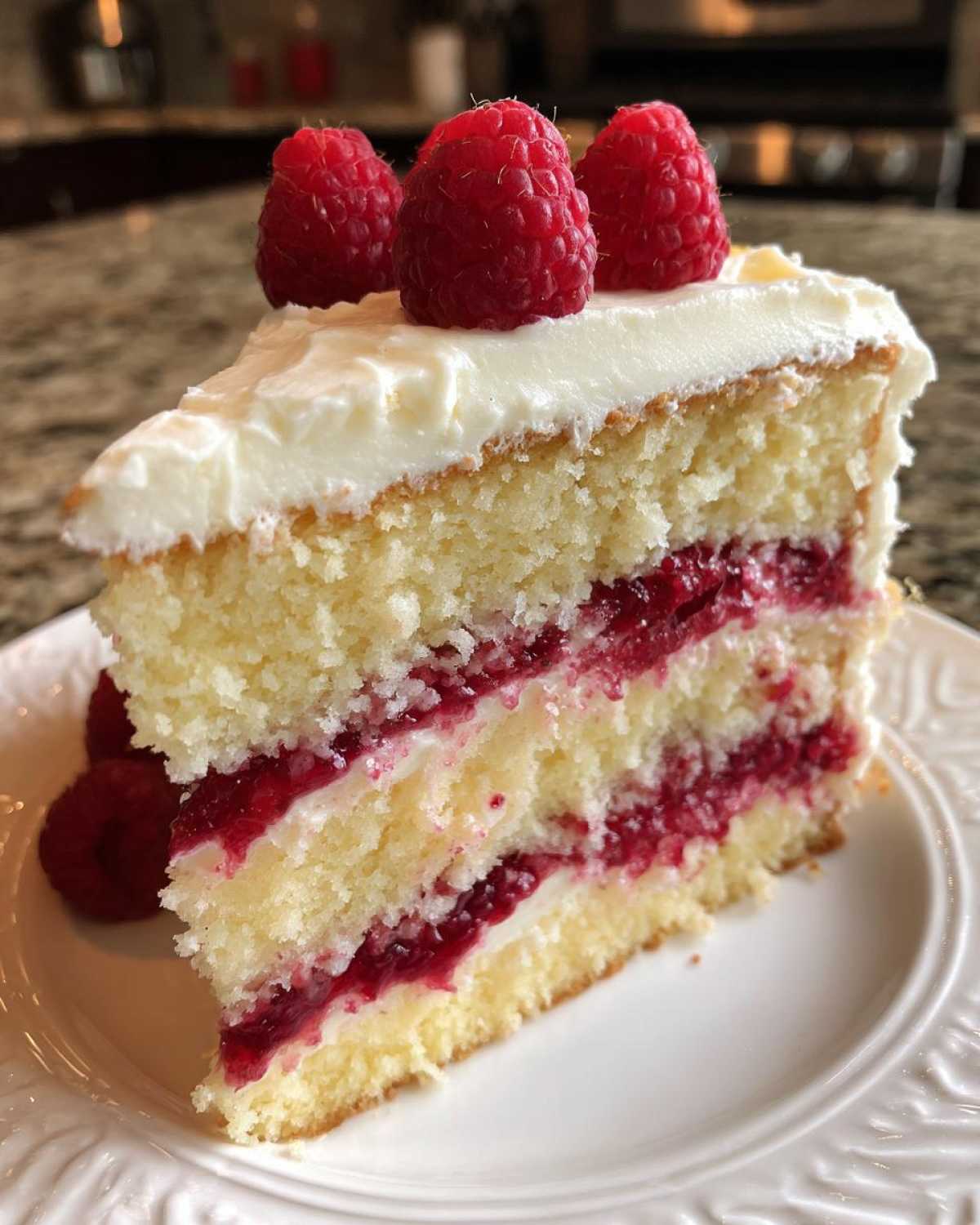 A tall slice of white chocolate raspberry cake showing layers of vanilla cake, raspberry filling, and white frosting, topped with fresh raspberries.