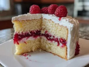 A close-up of a slice of white chocolate raspberry cake showing layers of light sponge, raspberry filling, and white frosting, topped with fresh raspberries.
