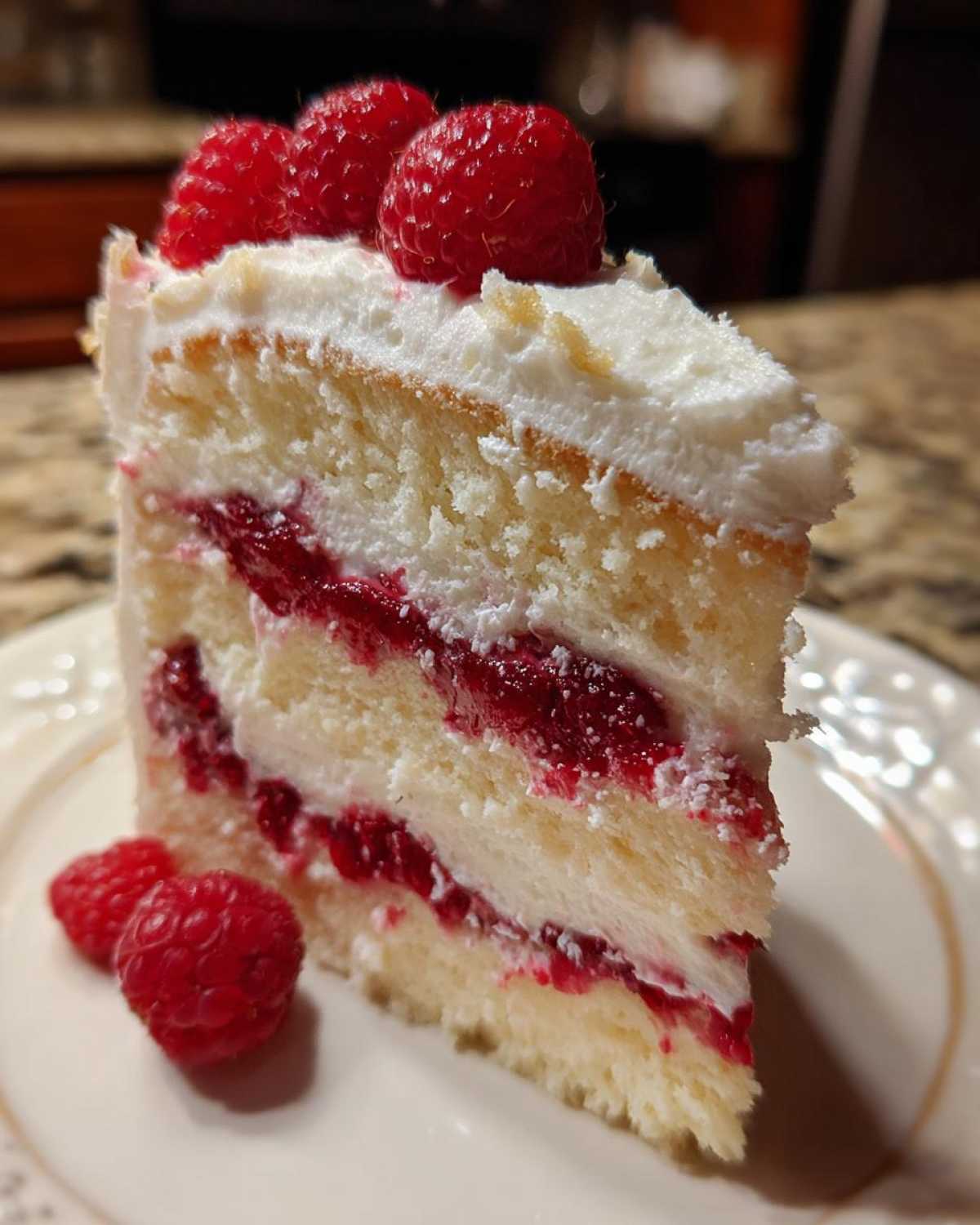 Close-up of a slice of white chocolate raspberry cake layered with white frosting and raspberry filling, topped with fresh raspberries.