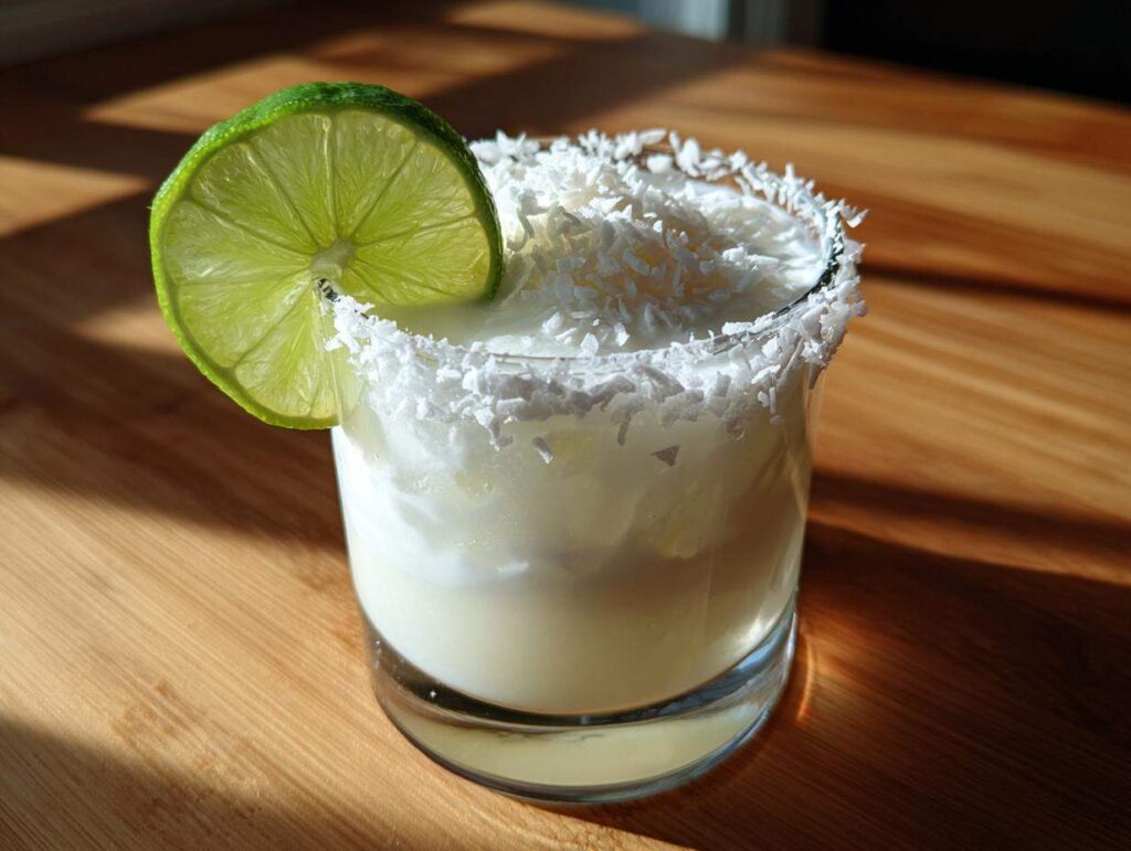 A creamy white Christmas margarita garnished with shredded coconut on the rim and a lime wheel.