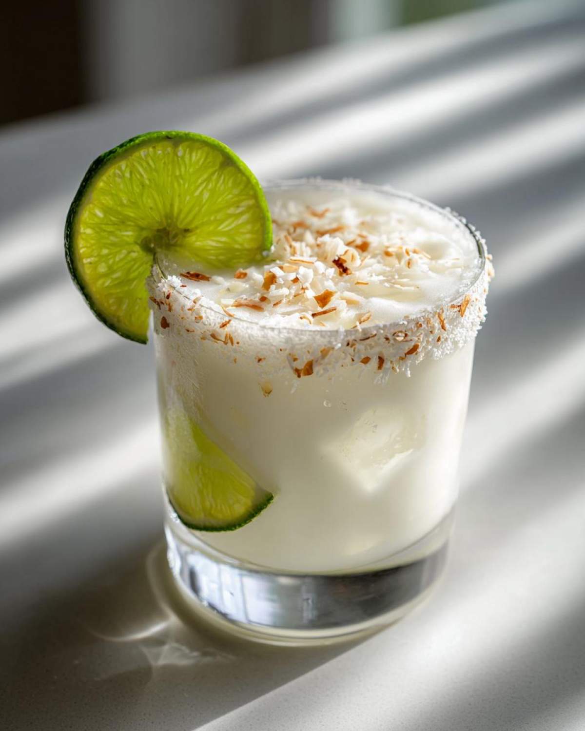 A creamy white Christmas margarita in a rocks glass, garnished with toasted coconut and a lime wheel.