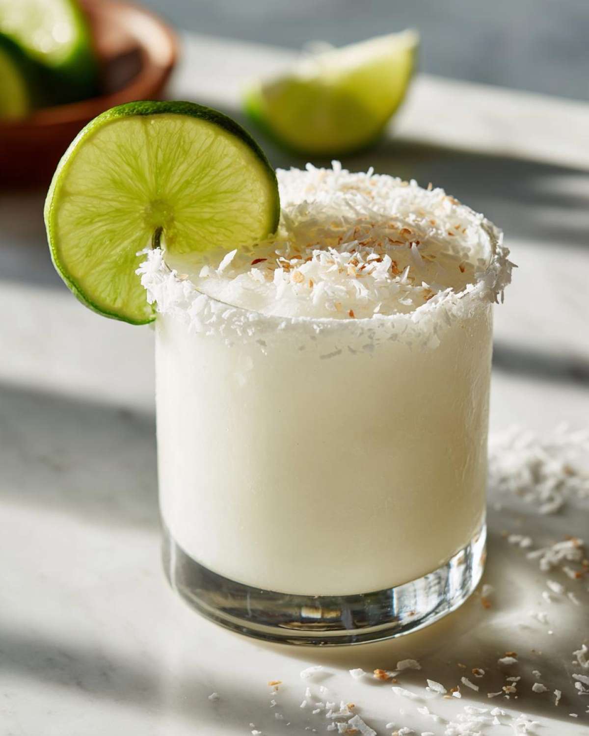A close-up of a creamy white Christmas margarita garnished with toasted coconut flakes and a lime wheel.