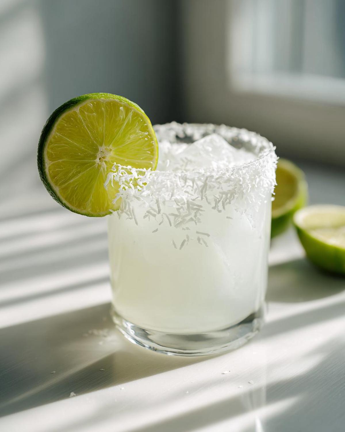 A refreshing white Christmas margarita garnished with a lime wheel and a shredded coconut rim.