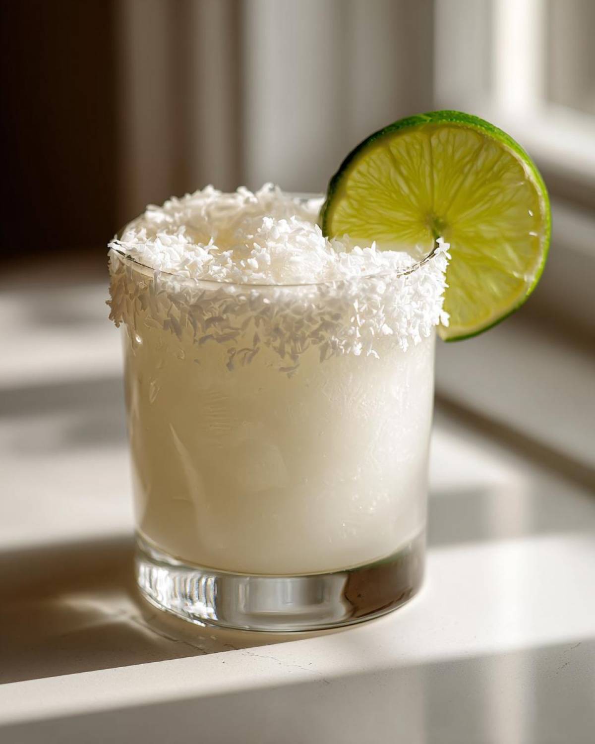 A creamy white Christmas margarita served in a rocks glass with a shredded coconut rim and lime wedge garnish.