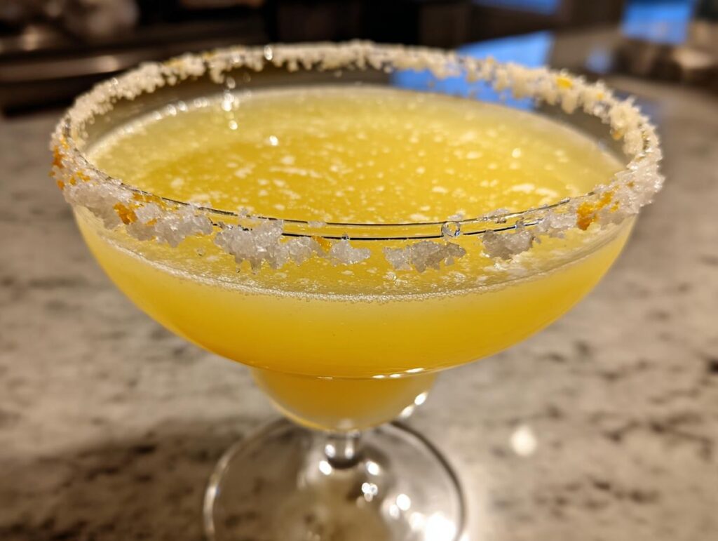 A vibrant yellow lemon drop martini in a coupe glass with a thick, sparkling sugar and zest rim.