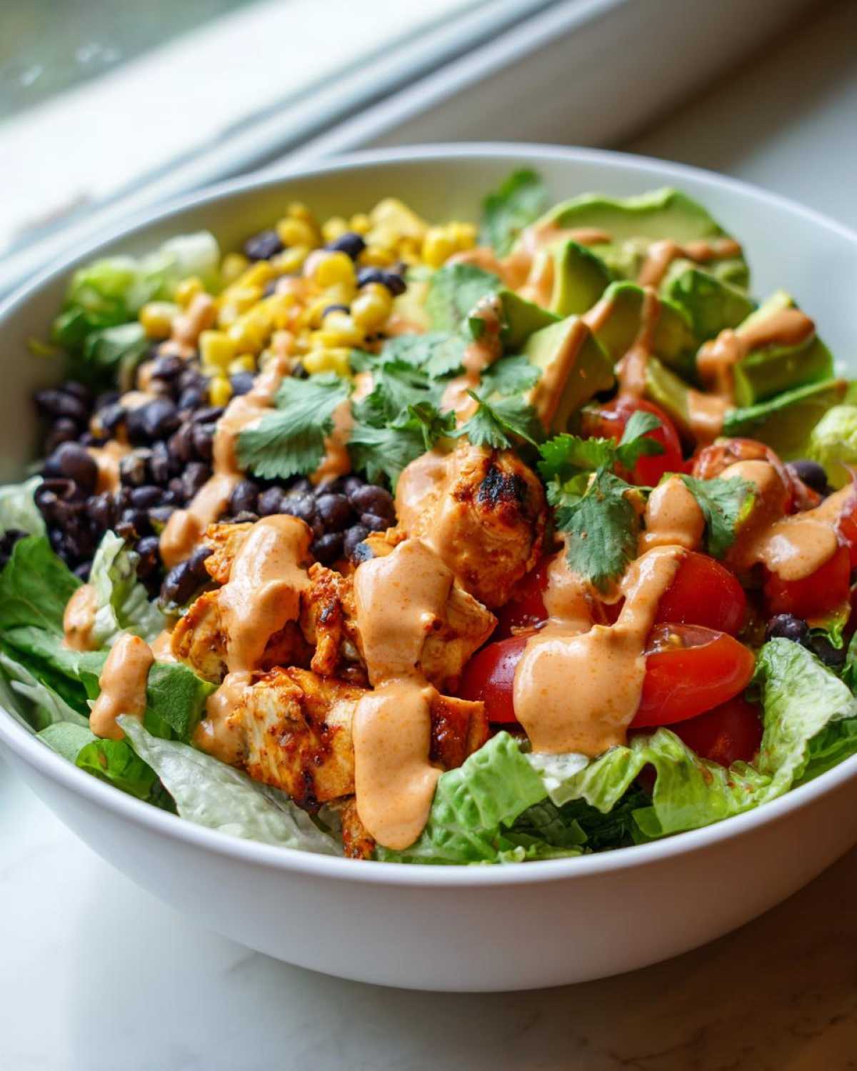 A vibrant bowl of southwest salad featuring grilled chicken, black beans, corn, avocado, and a creamy orange dressing.