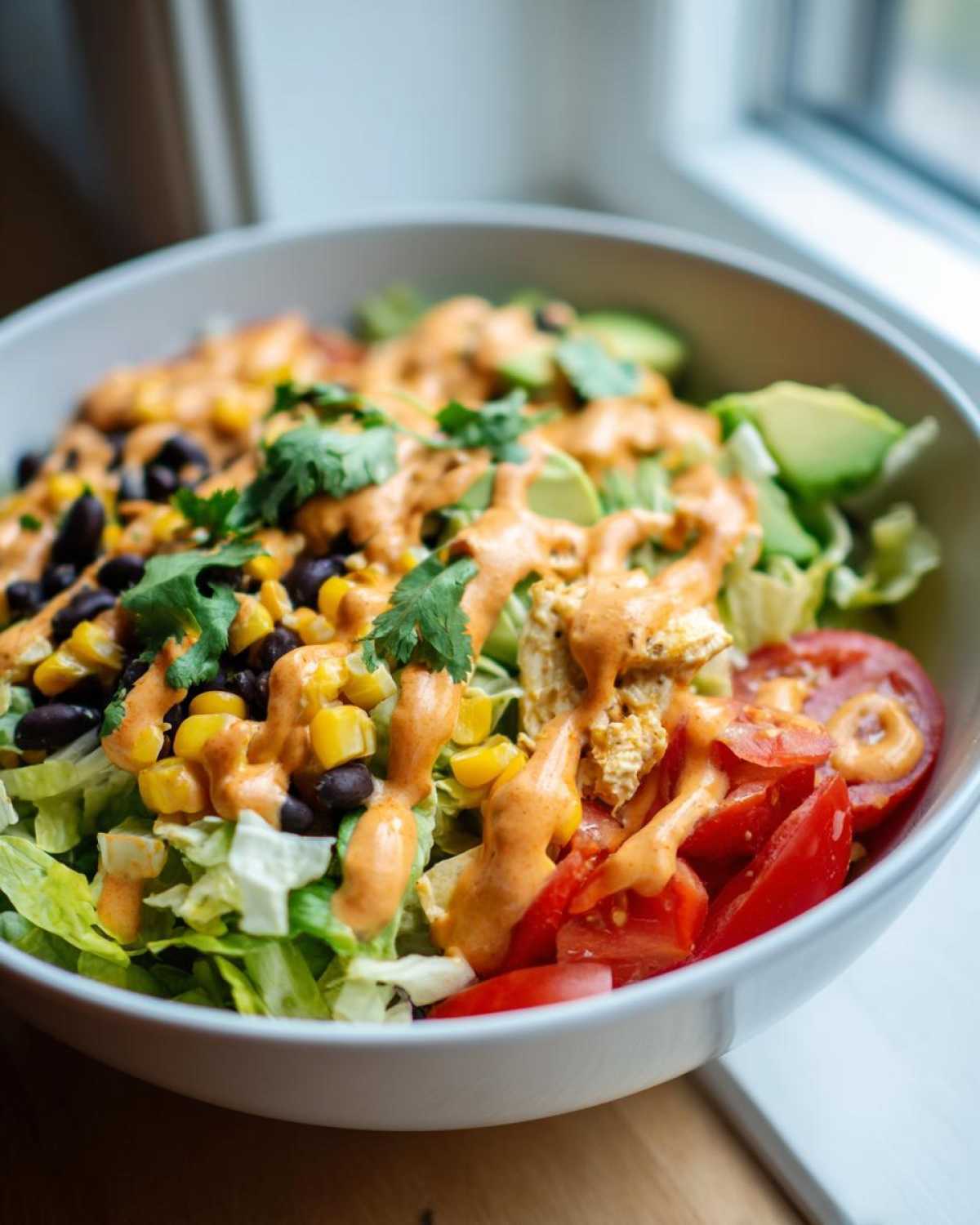 Close-up of a vibrant southwest salad featuring lettuce, black beans, corn, tomatoes, avocado, and a creamy orange dressing.