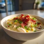 A creamy bowl of chicken corn chowder topped with shredded chicken, crispy bacon, and green onions.