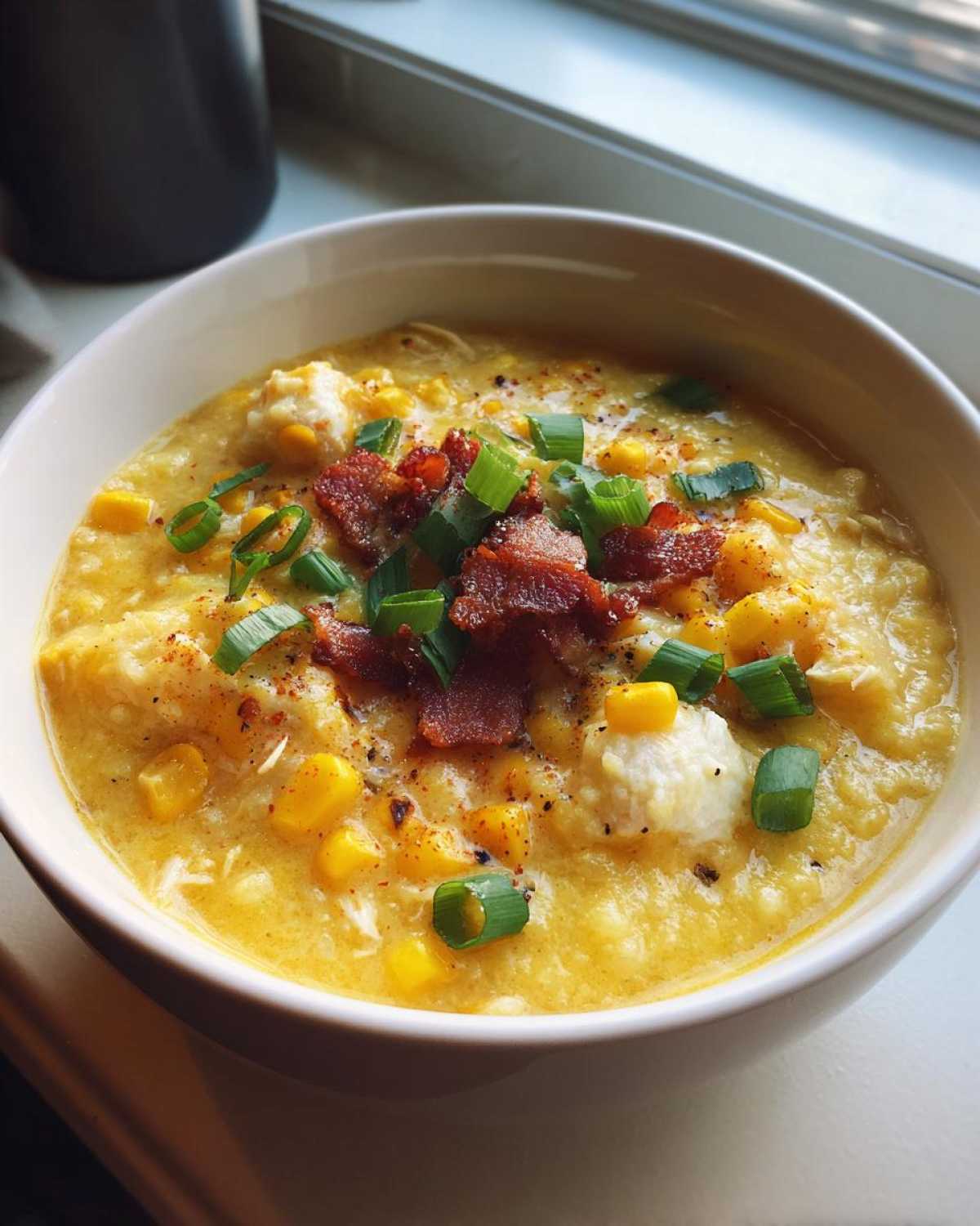 A close-up of a bowl of creamy chicken corn chowder topped with crispy bacon bits and fresh green onions.