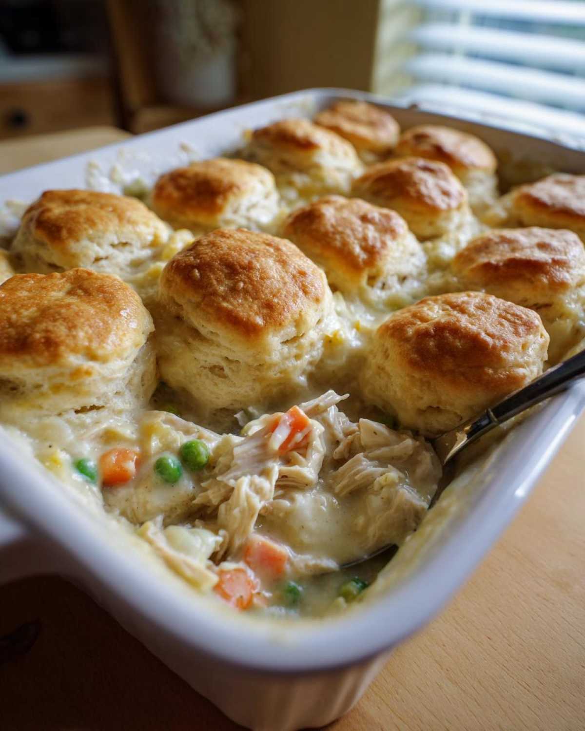 Close-up of a creamy chicken pot pie with golden biscuit tops being served with a spoon.