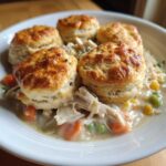 Close-up of a creamy chicken pot pie filling topped with five golden baked biscuits.