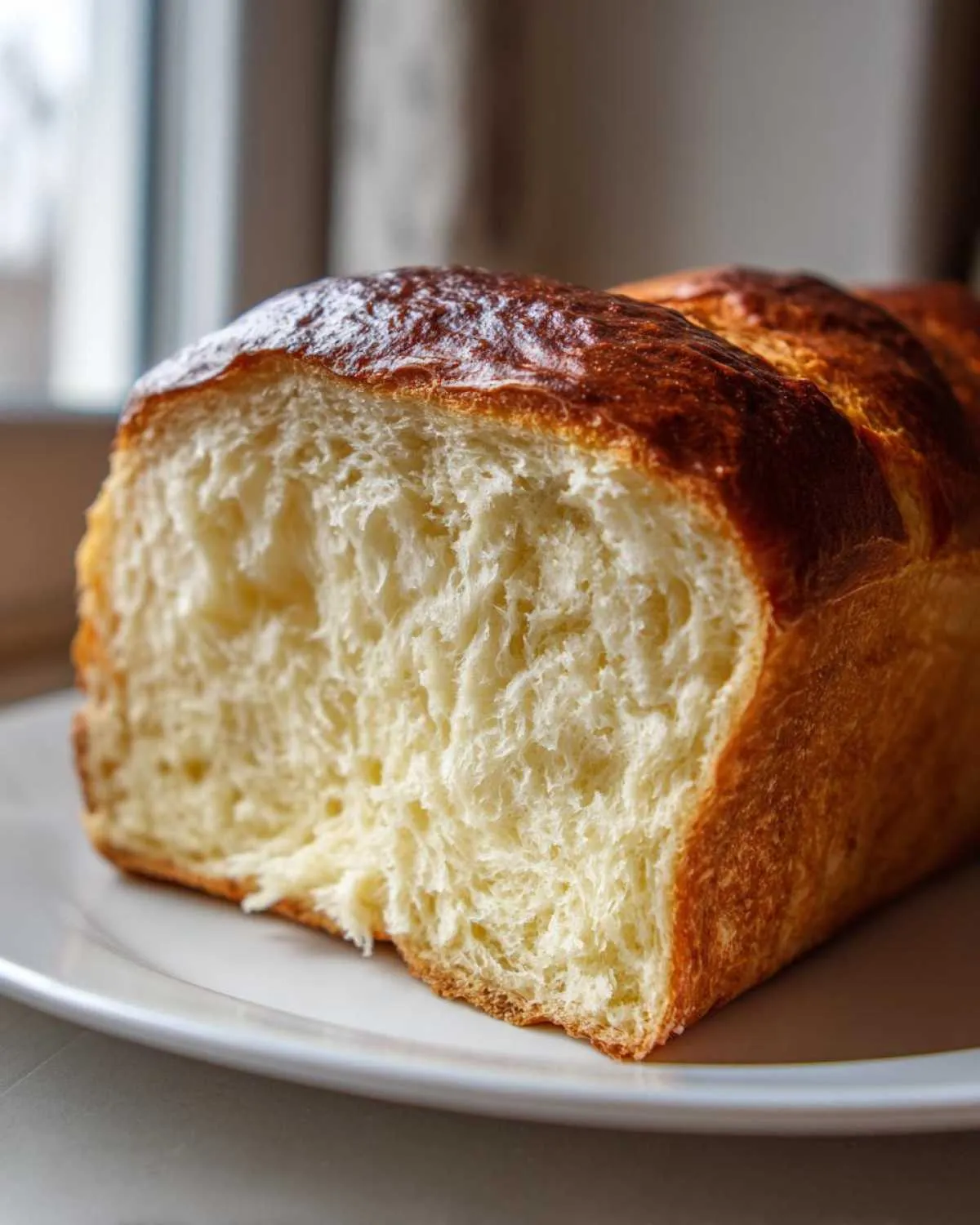 Close-up of a freshly baked loaf of soft, white bread showing a fluffy interior crumb and golden-brown crust.