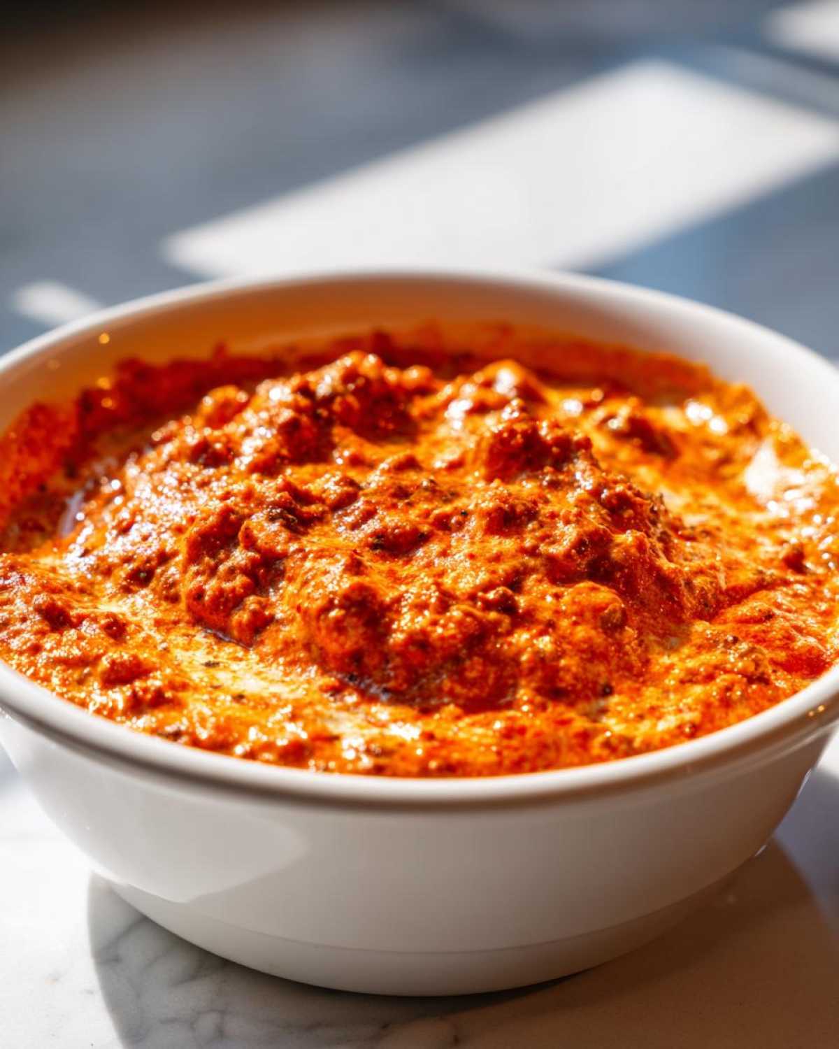 Close-up of a bubbling, bright orange chili cheese dip in a white bowl.