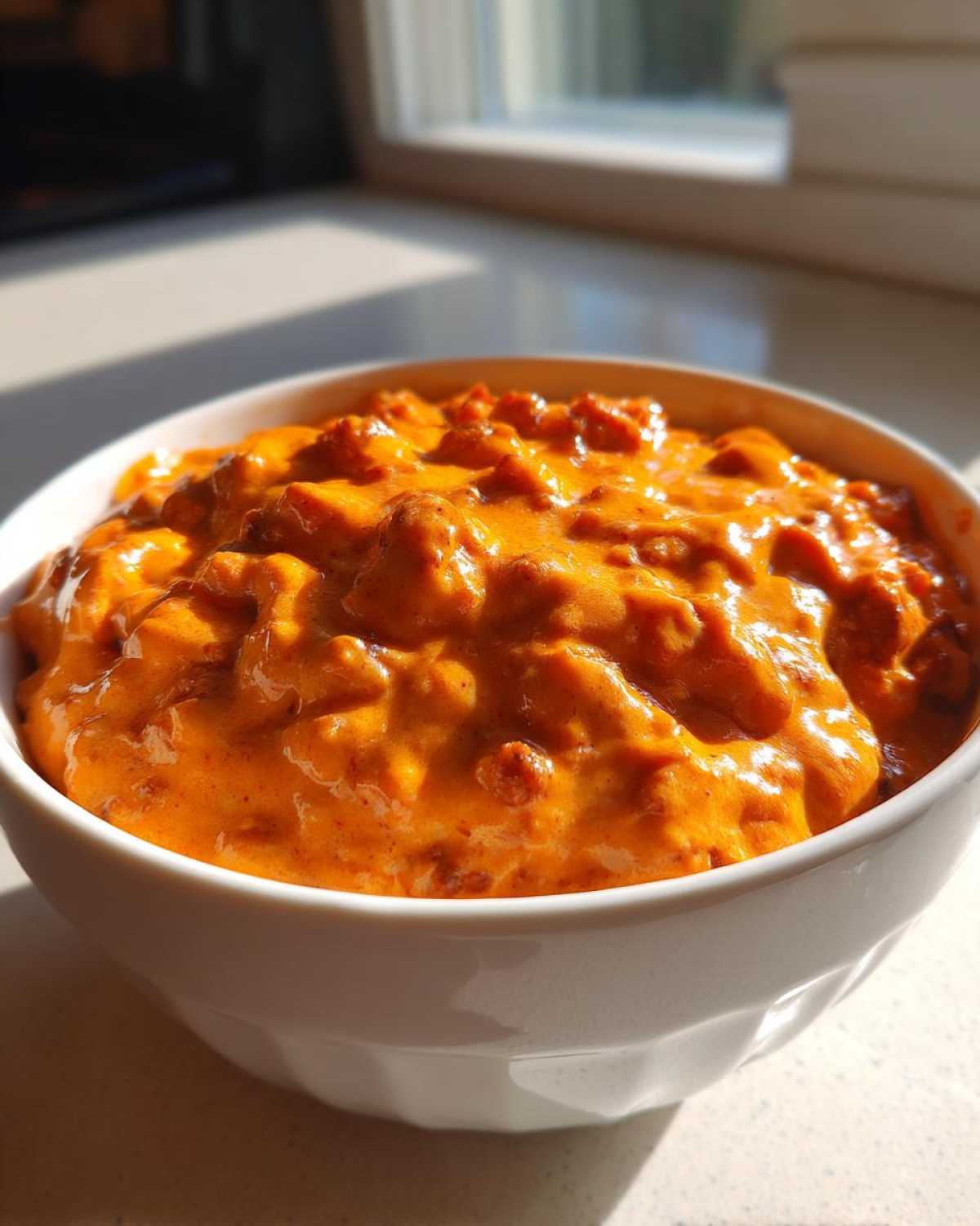 A close-up, brightly lit shot of a thick, orange chili cheese dip served in a white bowl.