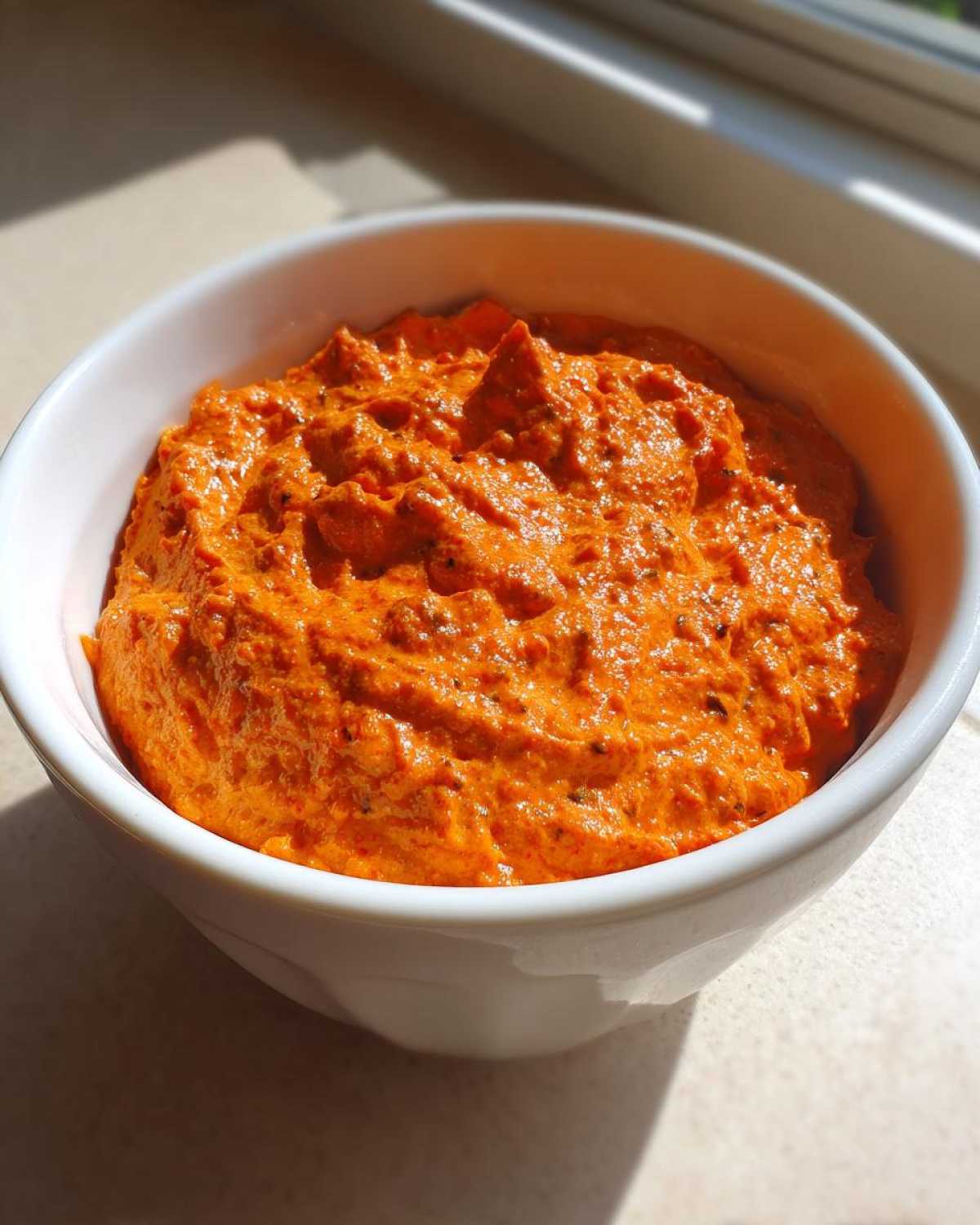 Close-up of a thick, vibrant orange chili cheese dip served in a small white bowl, ready to eat.