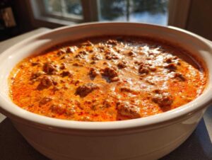 Close-up of bubbling, creamy, orange chili cheese dip in a white serving bowl.
