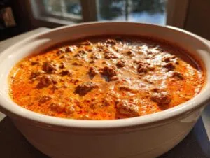 Close-up of bubbling, creamy, orange chili cheese dip in a white serving bowl.