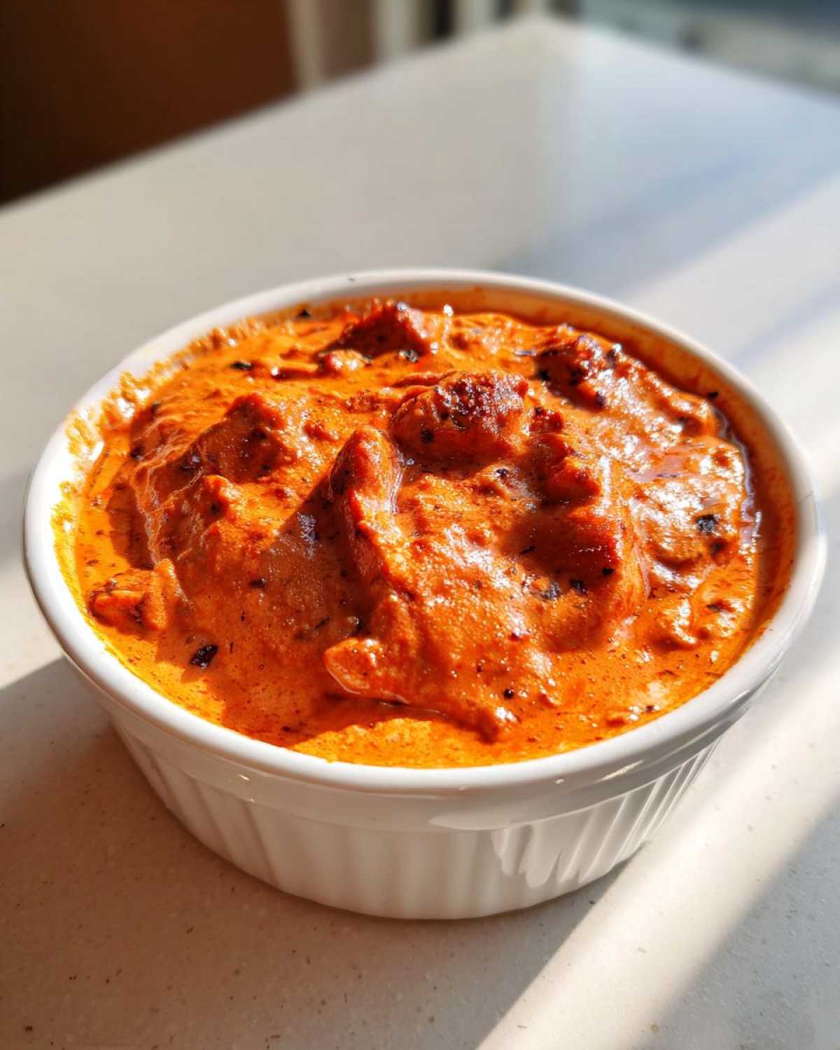 Close-up of a creamy, bright orange chili cheese dip served hot in a white ramekin.