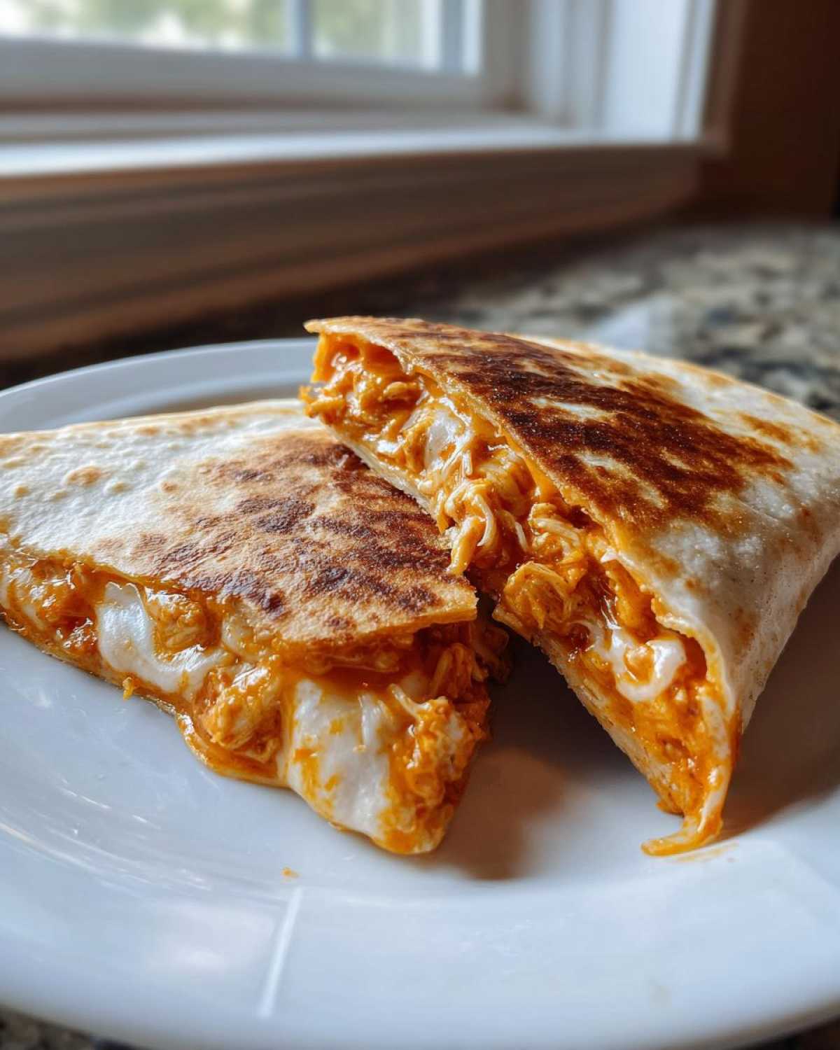Close-up of a buffalo chicken quesadilla cut in half, showing melted cheese and shredded chicken filling.