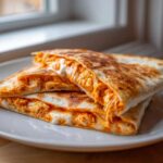 Close-up of two golden-brown buffalo chicken quesadilla halves showing gooey melted cheese and shredded chicken filling.