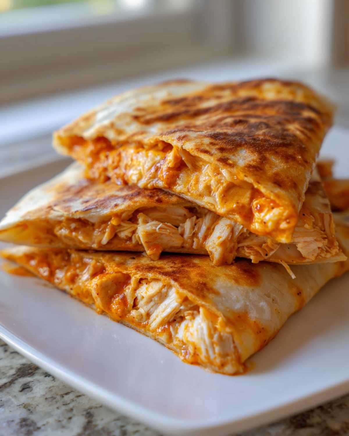 Close-up of stacked, golden-brown buffalo chicken quesadilla slices overflowing with shredded chicken and orange sauce.