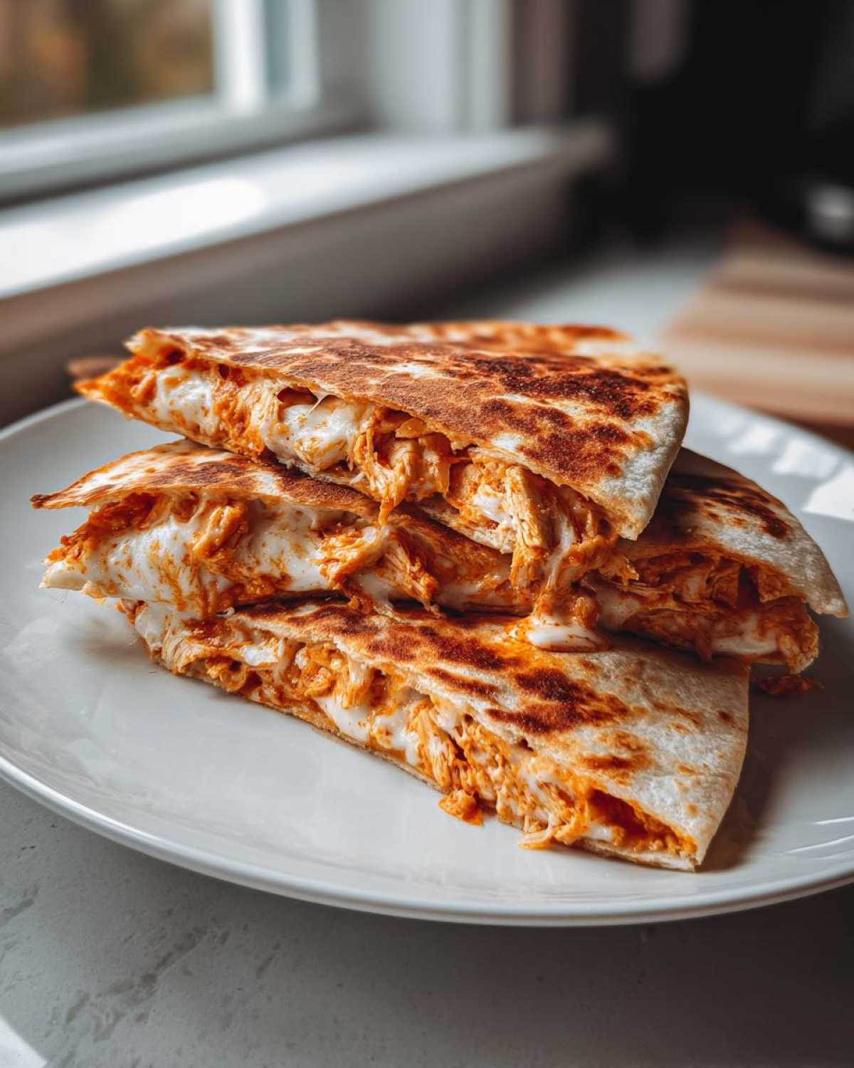 Close-up of stacked, golden-brown buffalo chicken quesadilla wedges oozing with melted cheese.