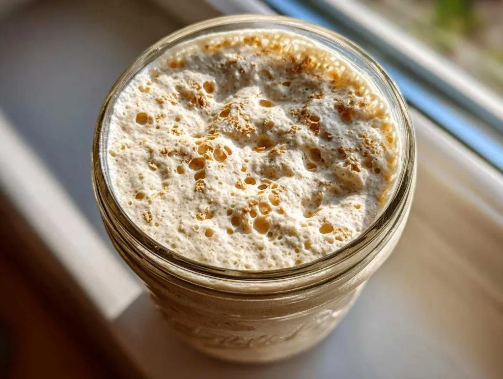 Overhead view of an active, bubbly sourdough starter in a glass jar, dusted with cinnamon or flour.